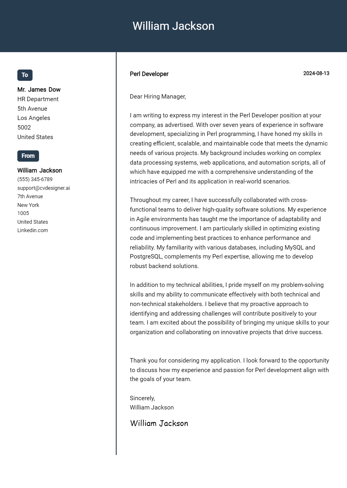 Perl Developer Cover Letter Example for 2026 (Download Templates) Preview