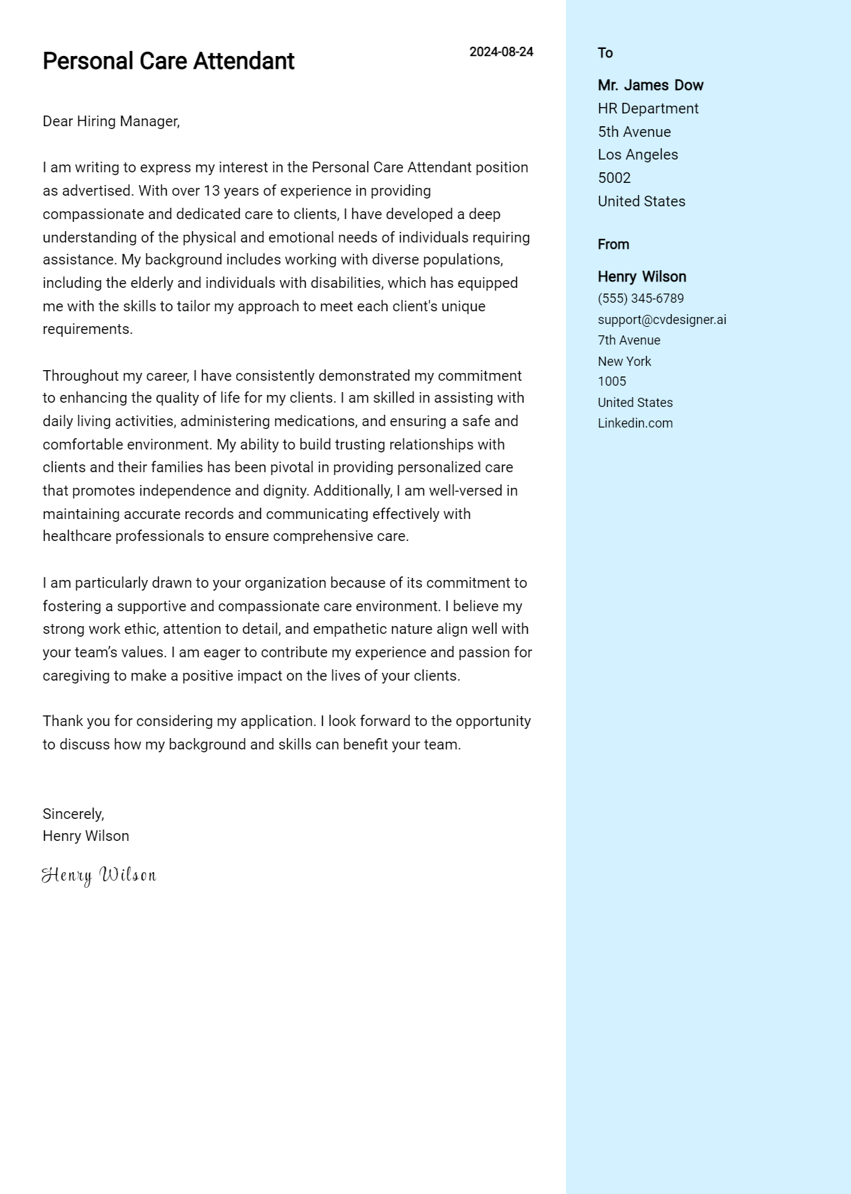 Personal Care Attendant Cover Letter Example for 2026: Free Templates Preview