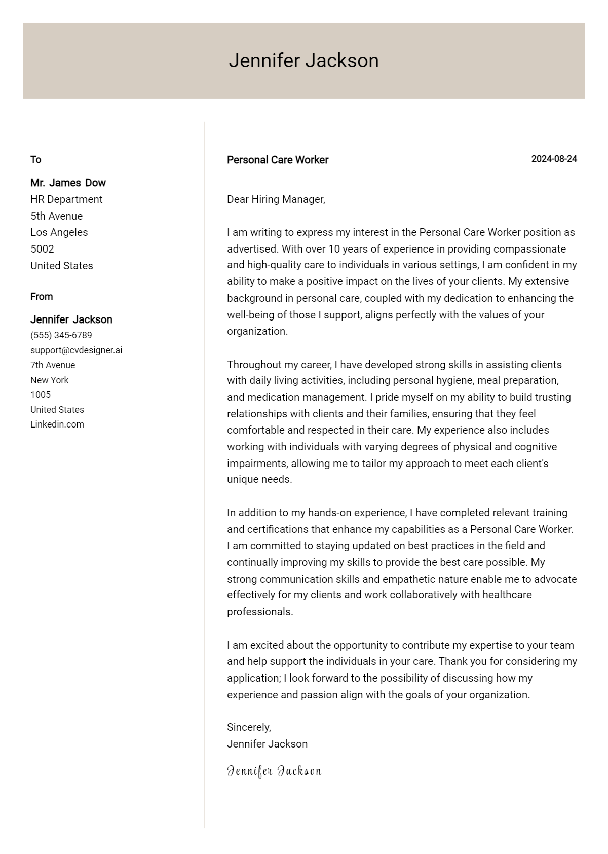 Personal Care Worker Cover Letter Example for 2026: Free Templates Preview