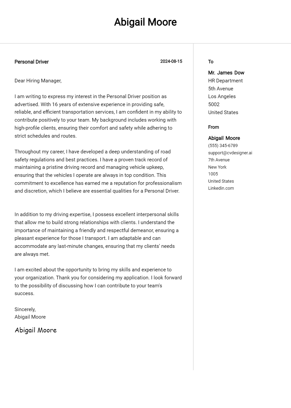 Personal Driver Cover Letter Example for 2026: Free Templates Preview