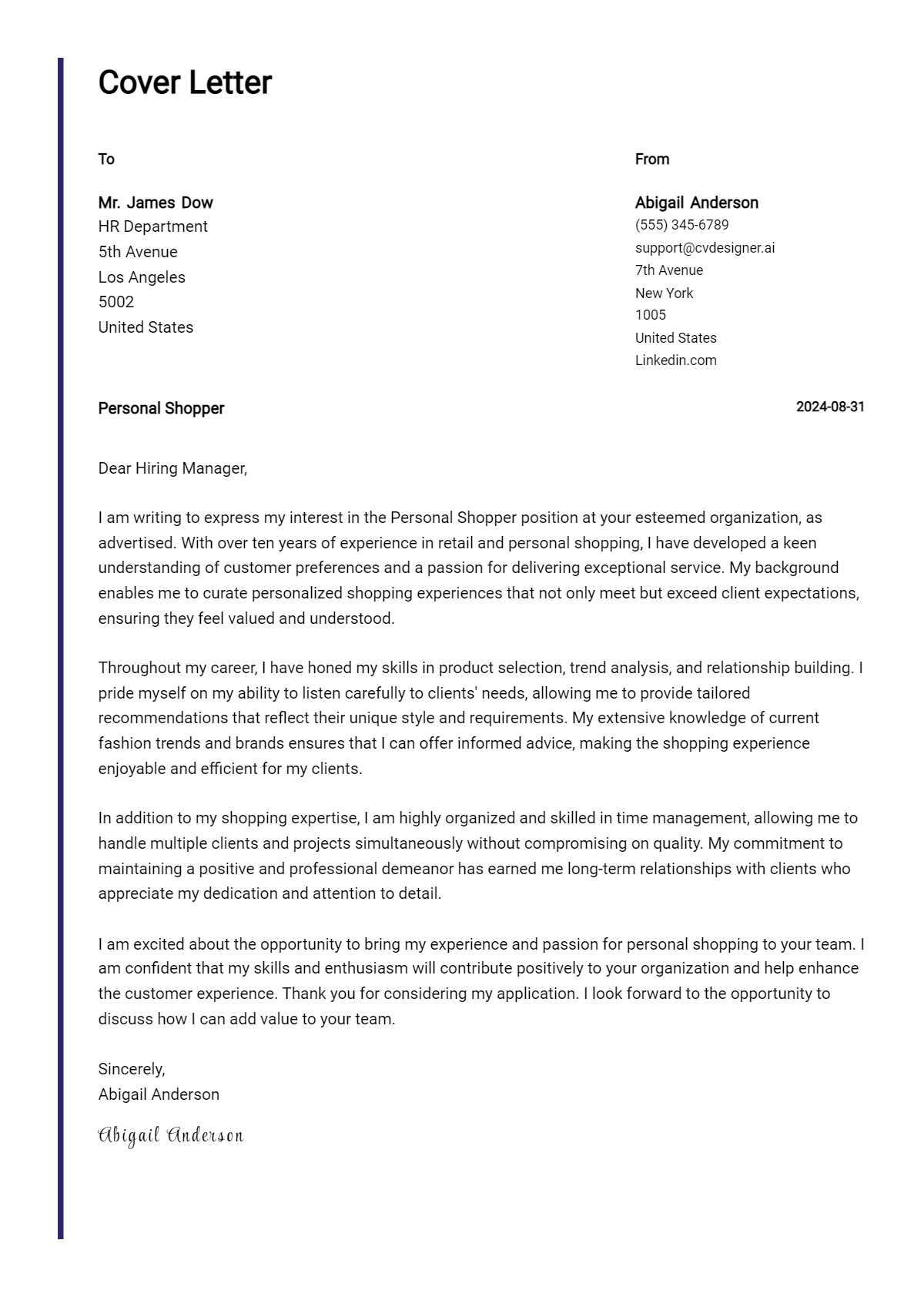 Personal Shopper Cover Letter Example for 2026: Tips & Templates Preview