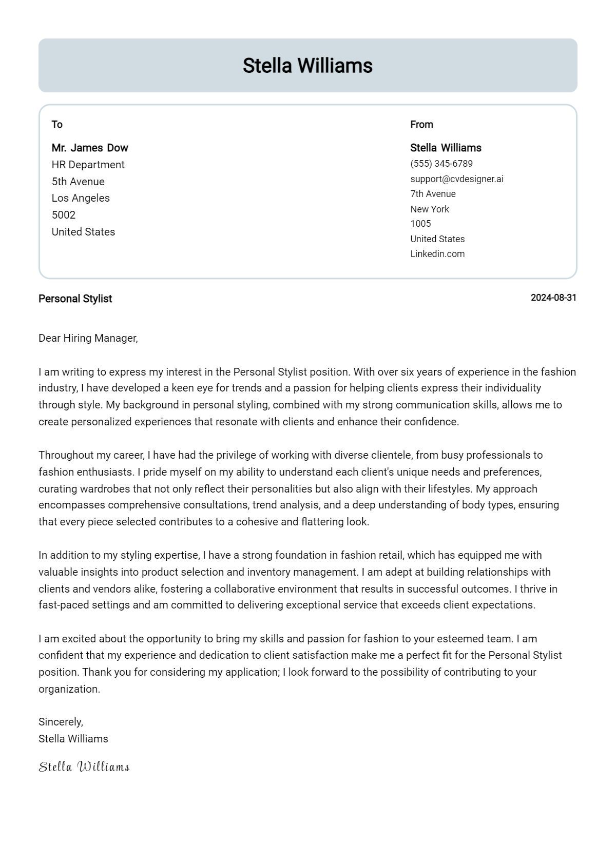 Personal Stylist Cover Letter Example for 2026: Tips & Templates Preview