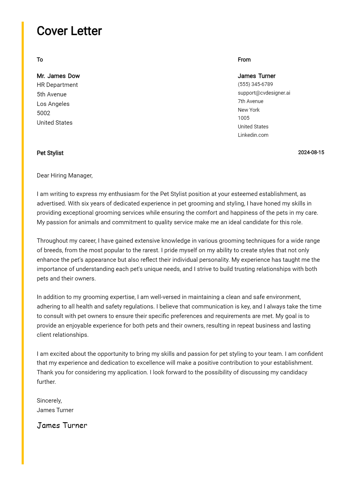 Pet Stylist Cover Letter Example for 2026 (Free Templates) Preview