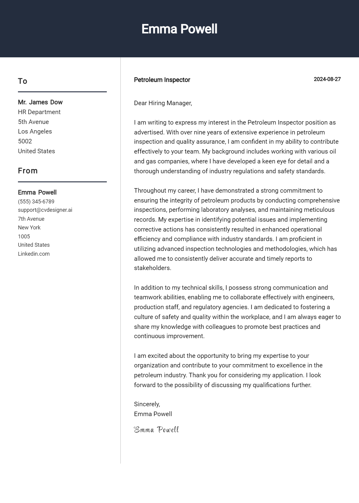 Petroleum Inspector Cover Letter Example for 2026 (Free Templates) Preview