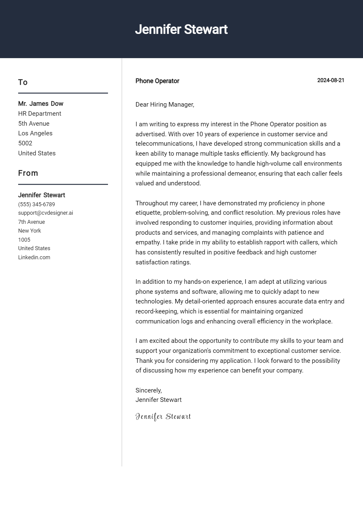 Phone Operator Cover Letter Examples and Templates for 2026 Preview