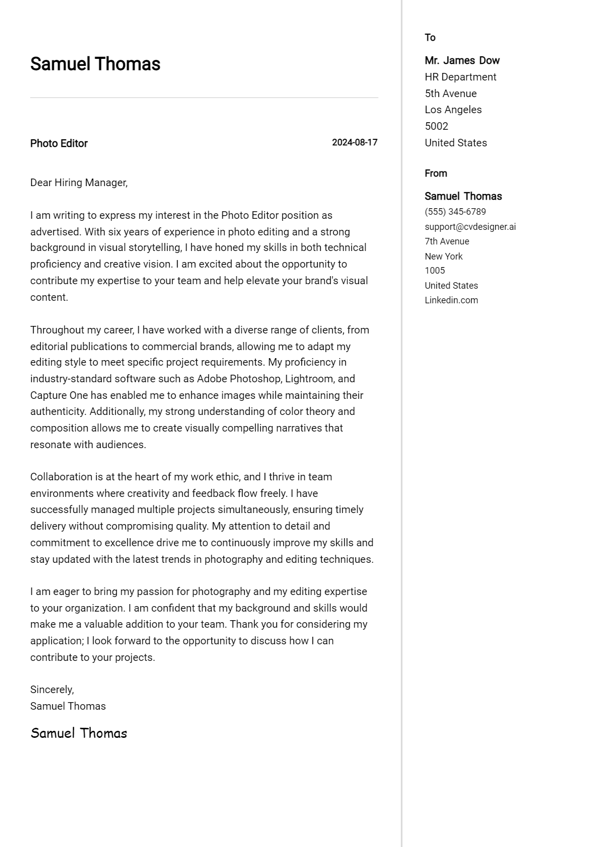 Photo Editor Cover Letter Example for 2026: Free Templates Preview