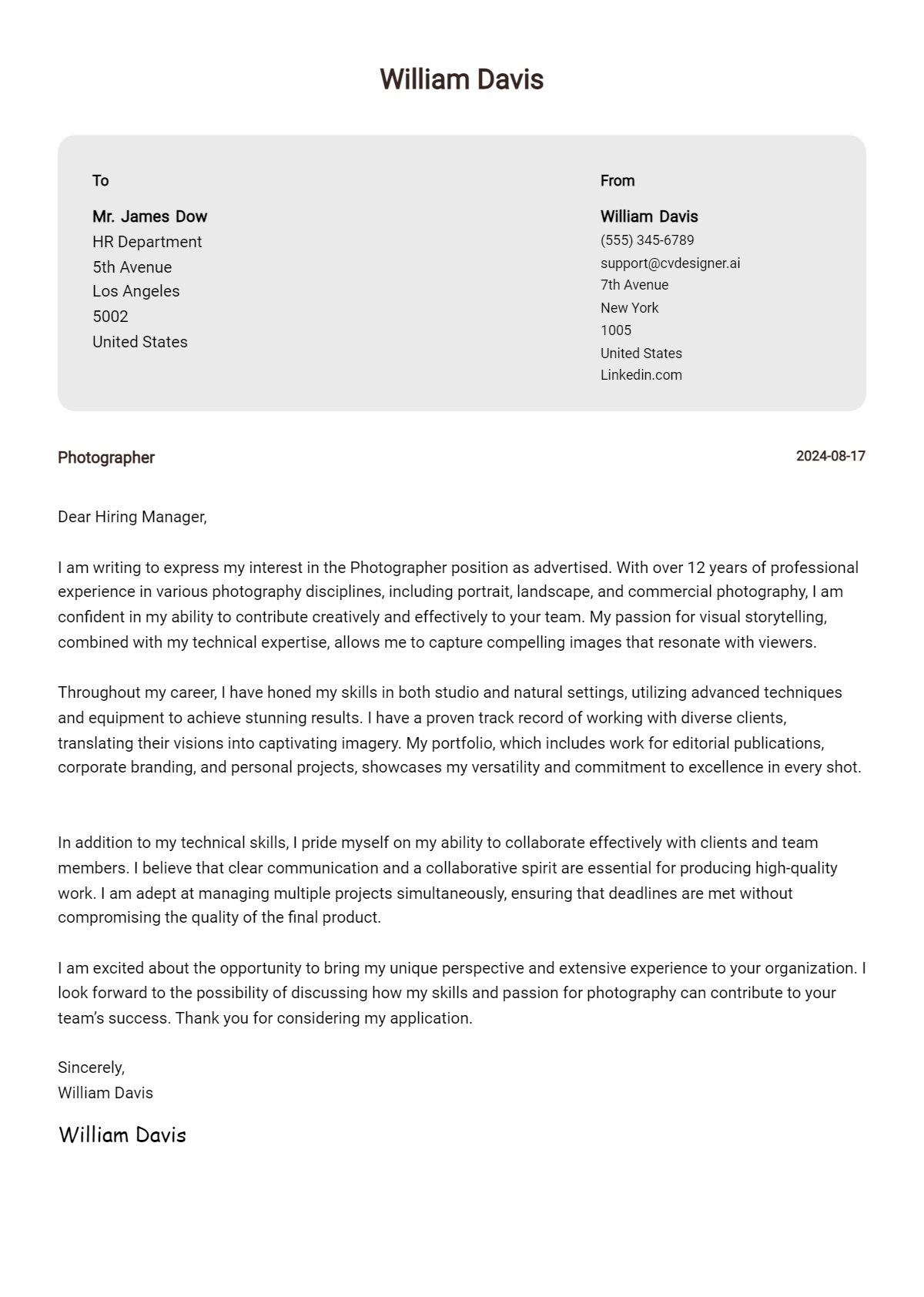 Photographer Cover Letter Example for 2026: Top CV Skills Preview