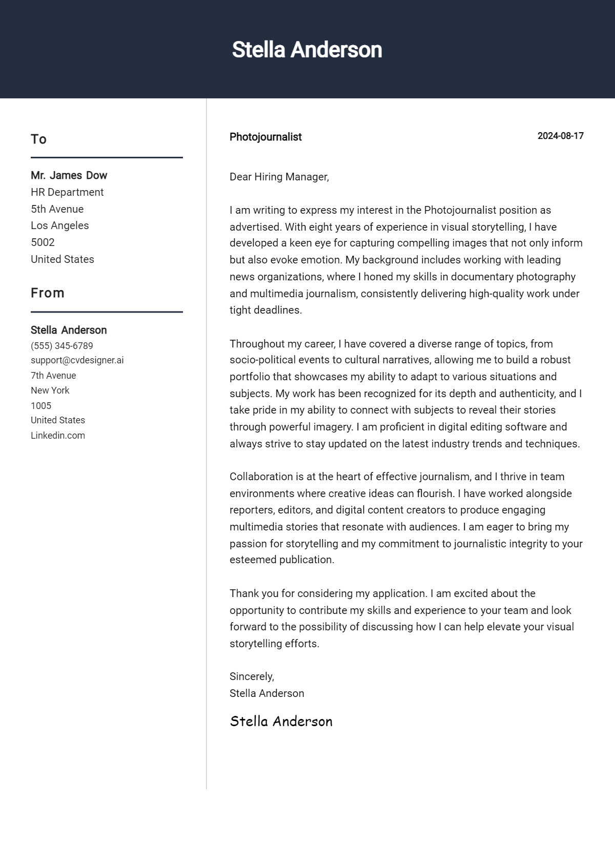 Photojournalist Cover Letter Example for 2026: Top CV Skills Preview