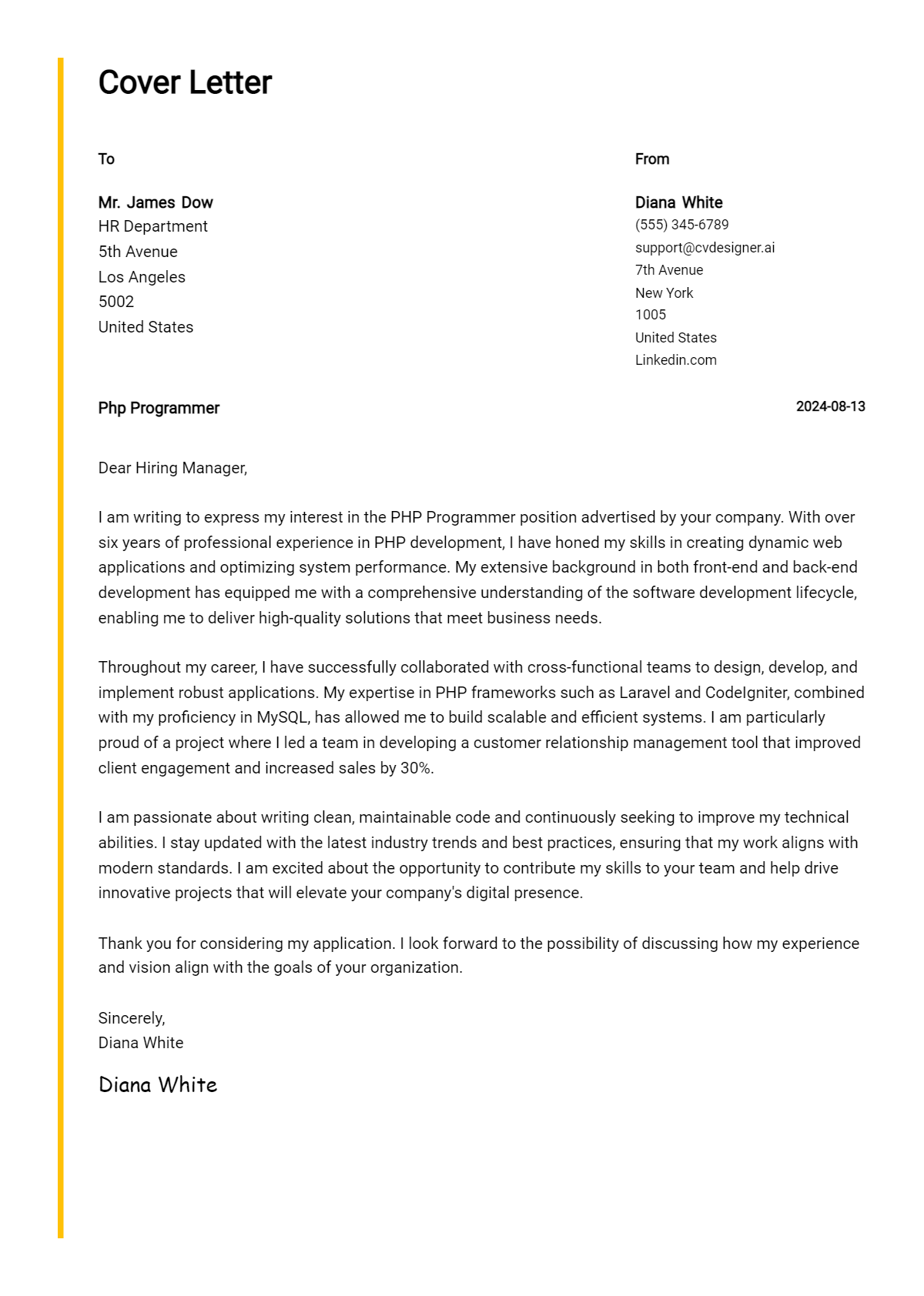 Php Programmer Cover Letter Example for 2026: Top CV Skills Preview