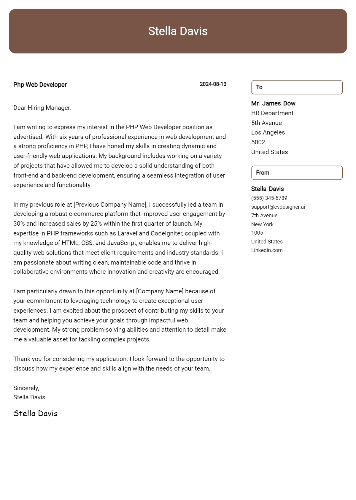 Php Web Developer Cover Letter Example for 2026: Tips & Templates Preview