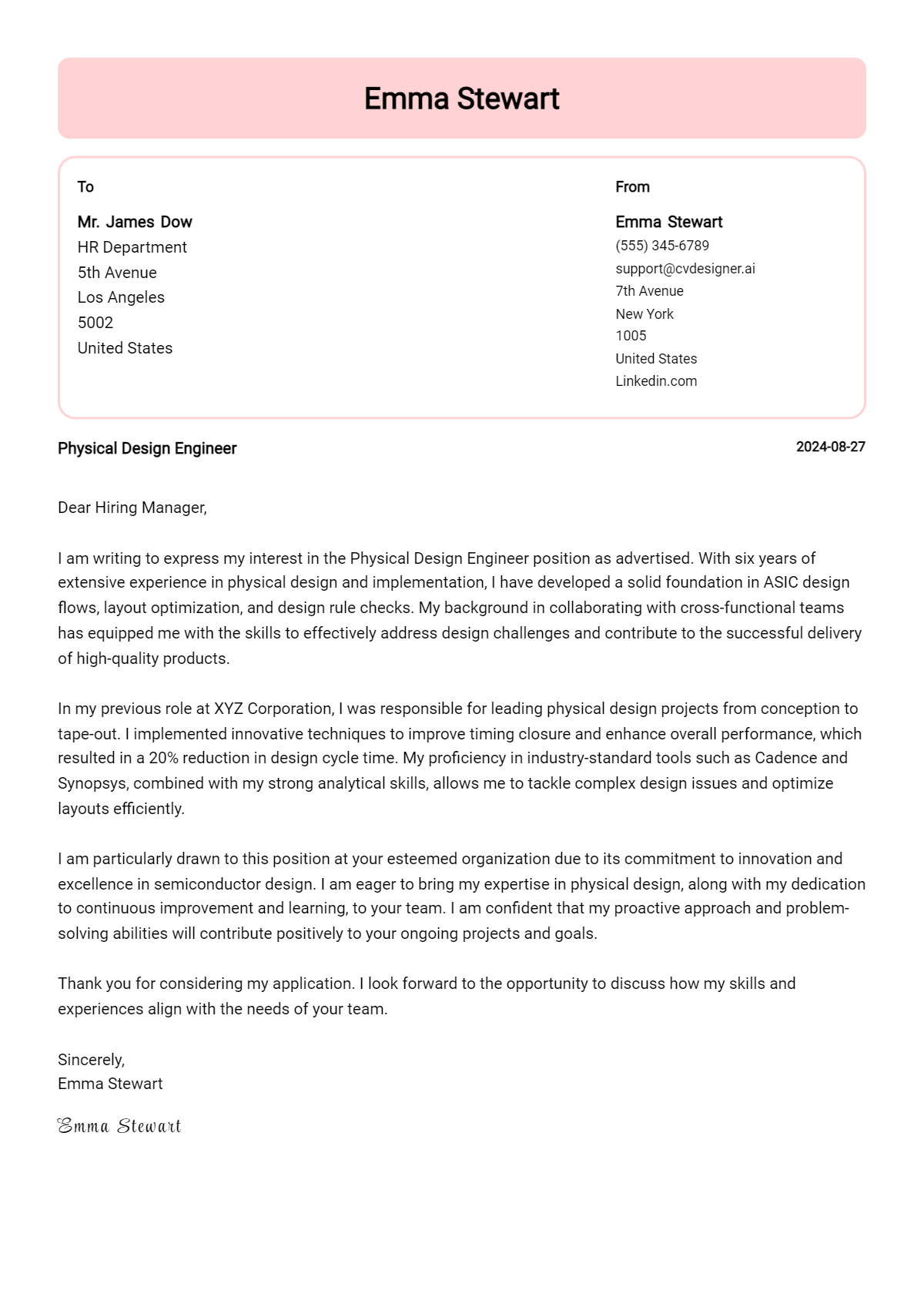 Physical Design Engineer Cover Letter Example for 2026 (Download Templates) Preview
