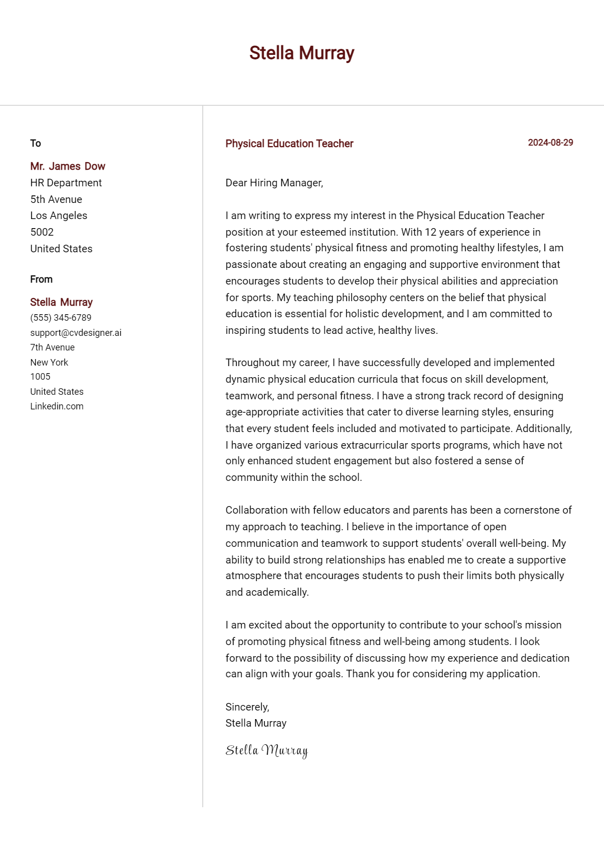 Physical Education Teacher Cover Letter Example for 2026: Free Templates Preview