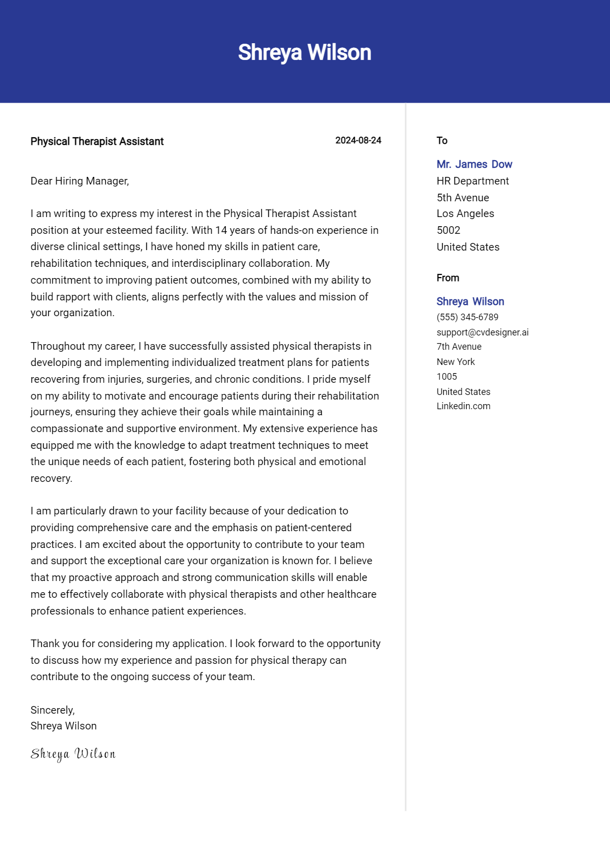 Physical Therapist Assistant Cover Letter Example for 2026 (Download Templates) Preview