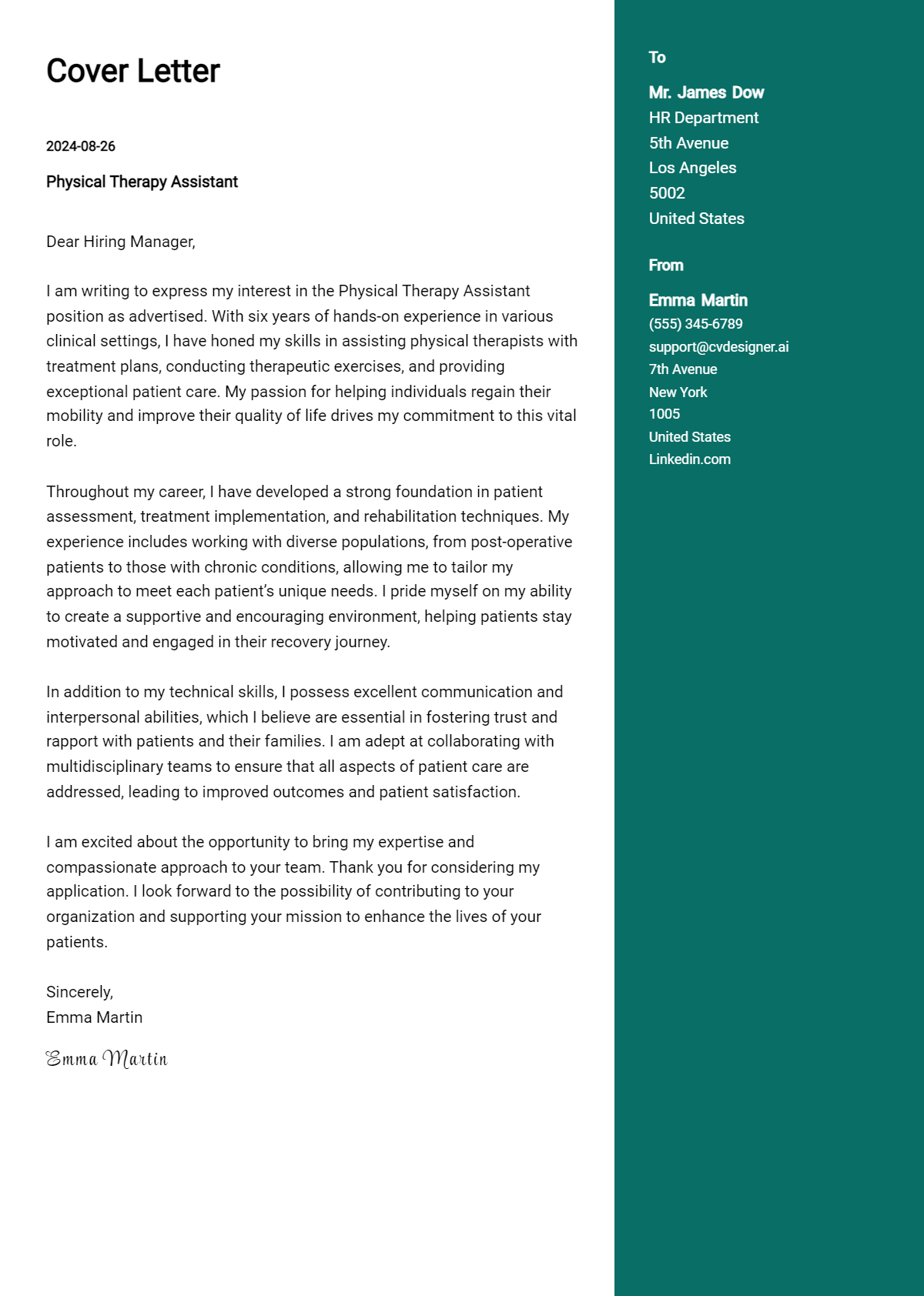Physical Therapy Assistant Cover Letter Example for 2026 (Free Templates) Preview