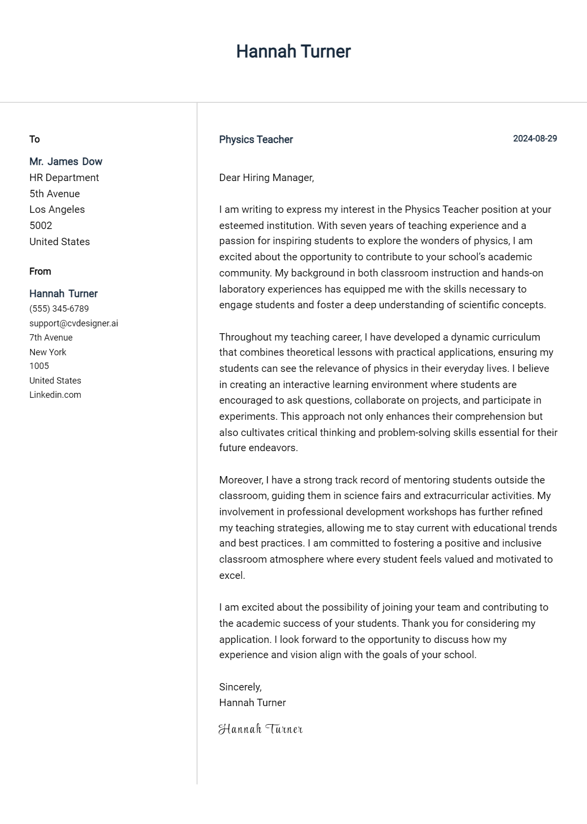 Physics Teacher Cover Letter Example for 2026 (Complete Writing Guide) Preview