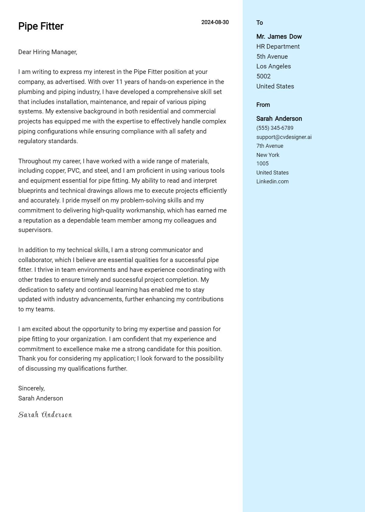 Pipe Fitter Cover Letter Examples & Samples for 2026 Preview