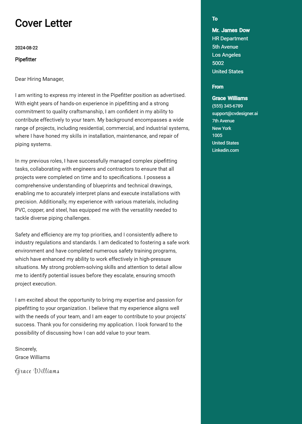 Pipefitter Cover Letter Example for 2026 (Writing Guide) Preview