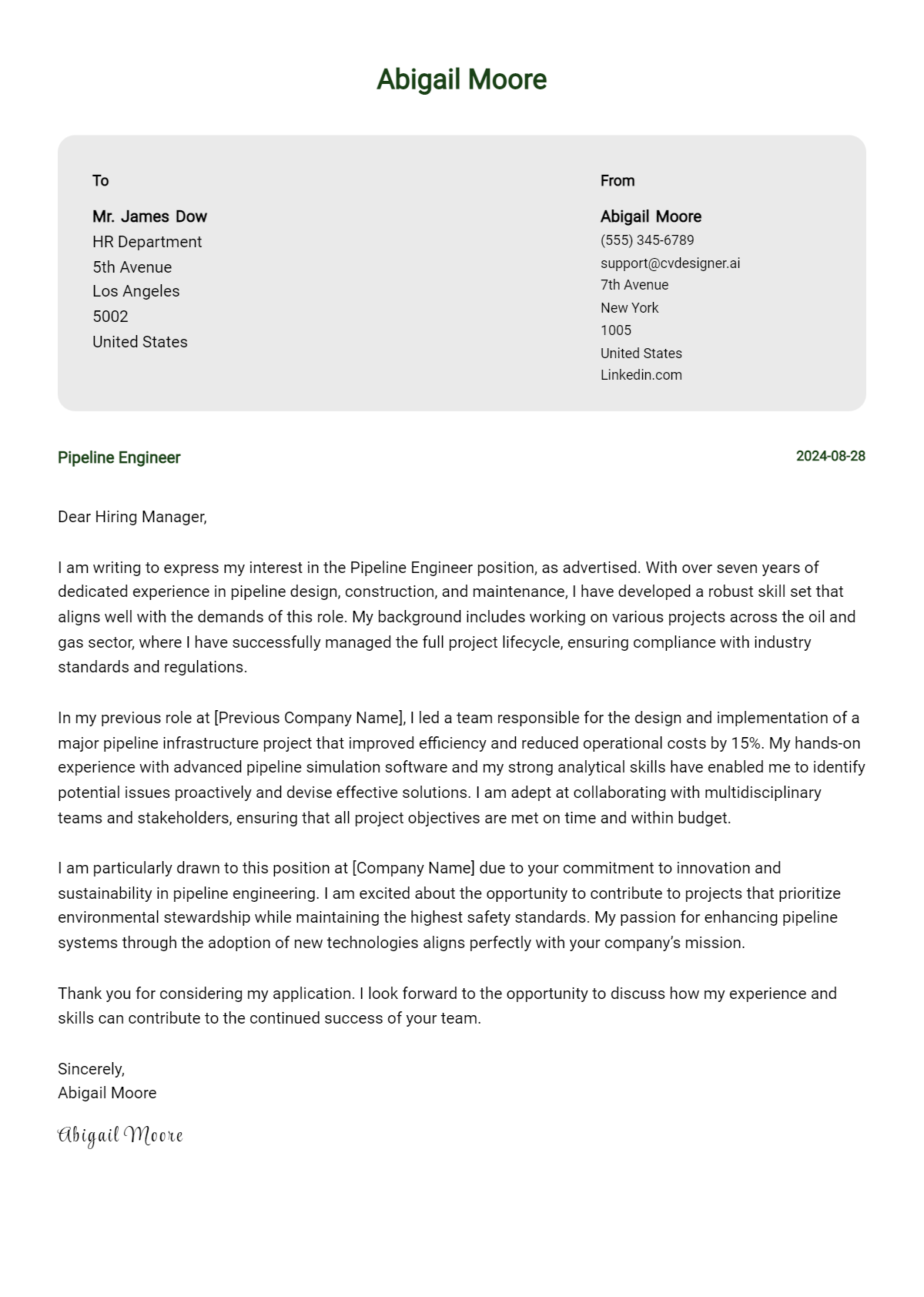 Pipeline Engineer Cover Letter Examples for 2026 (Downloadable) Preview