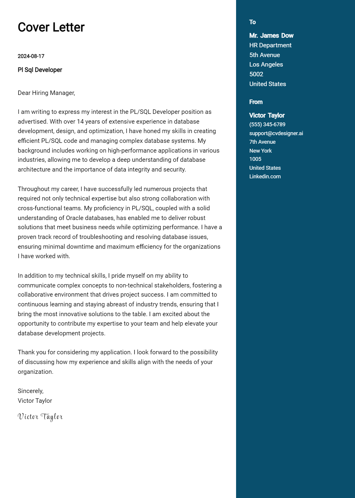 Pl Sql Developer Cover Letter Examples and Templates for 2026 Preview
