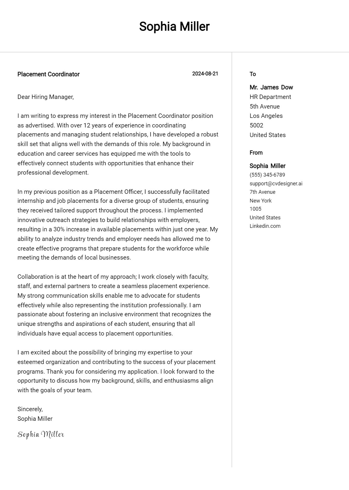 Placement Coordinator Cover Letter Example for 2026 (Free Templates) Preview