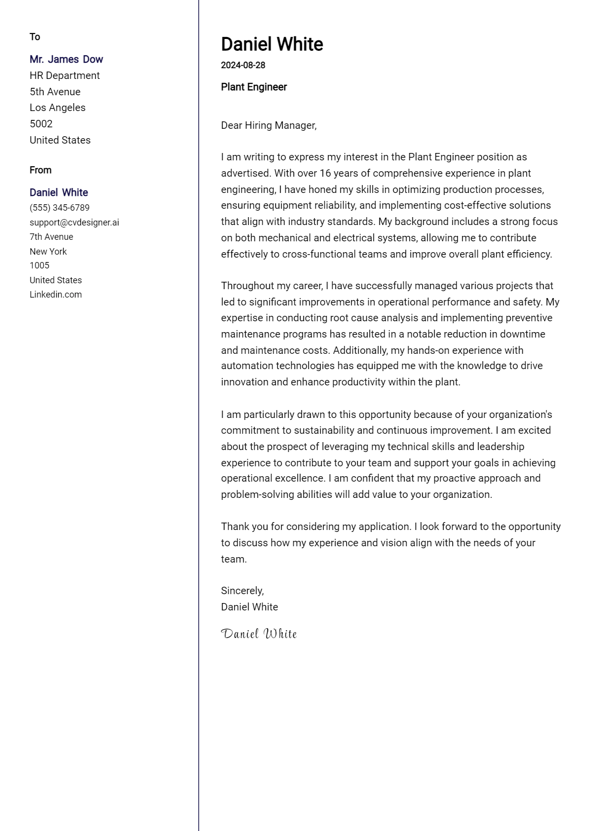 Plant Engineer Cover Letter Example for 2026: Top CV Skills Preview