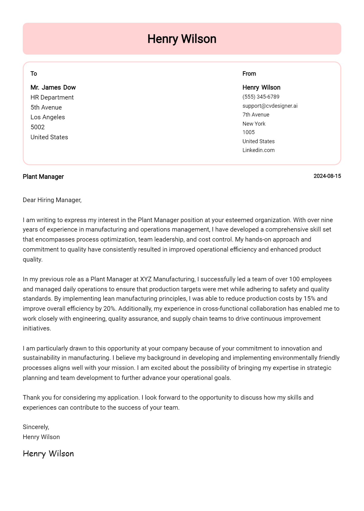 Plant Manager Cover Letter Example for 2026 (Complete Writing Guide) Preview