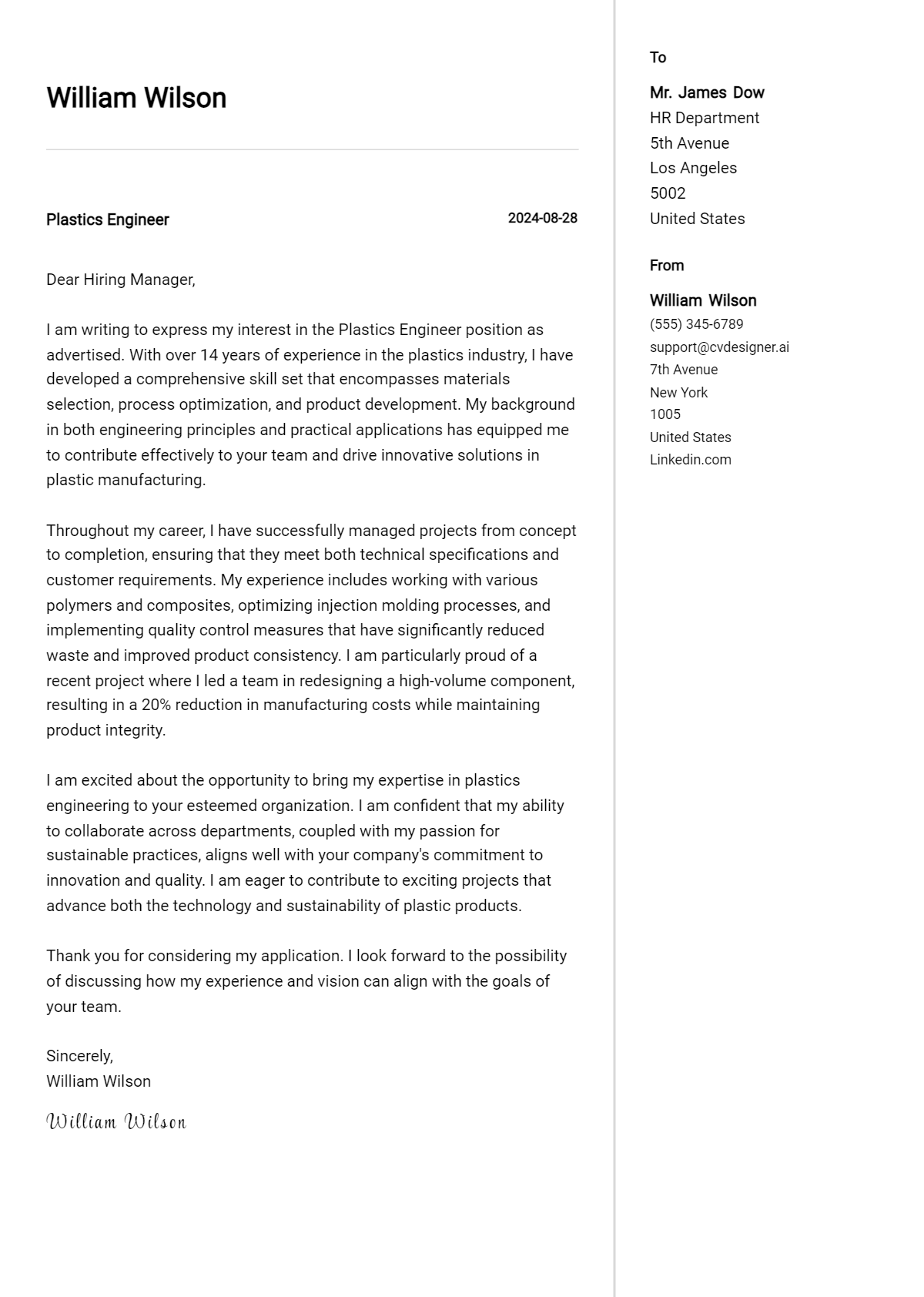Plastics Engineer Cover Letter Examples & Samples for 2026 Preview