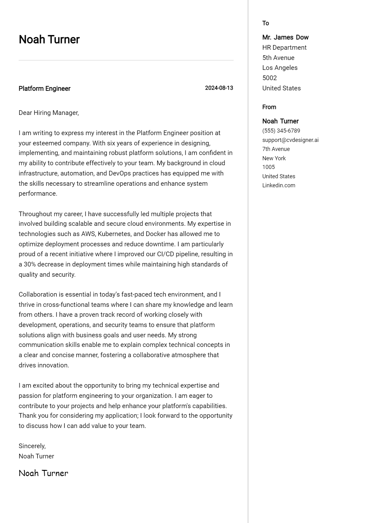 Platform Engineer Cover Letter Examples & Samples for 2026 Preview