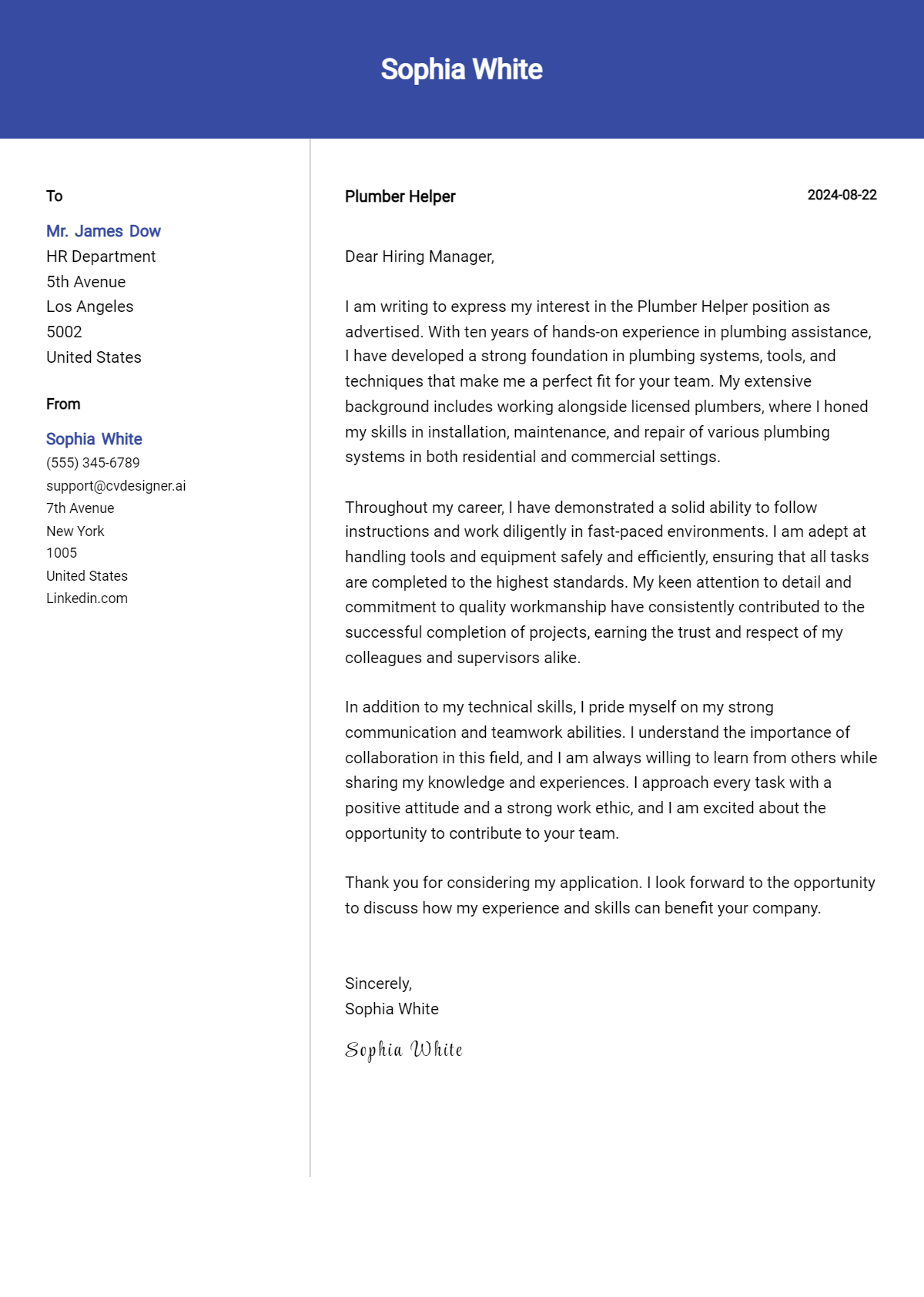 Plumber Helper Cover Letter Example for 2026 (Download Templates) Preview