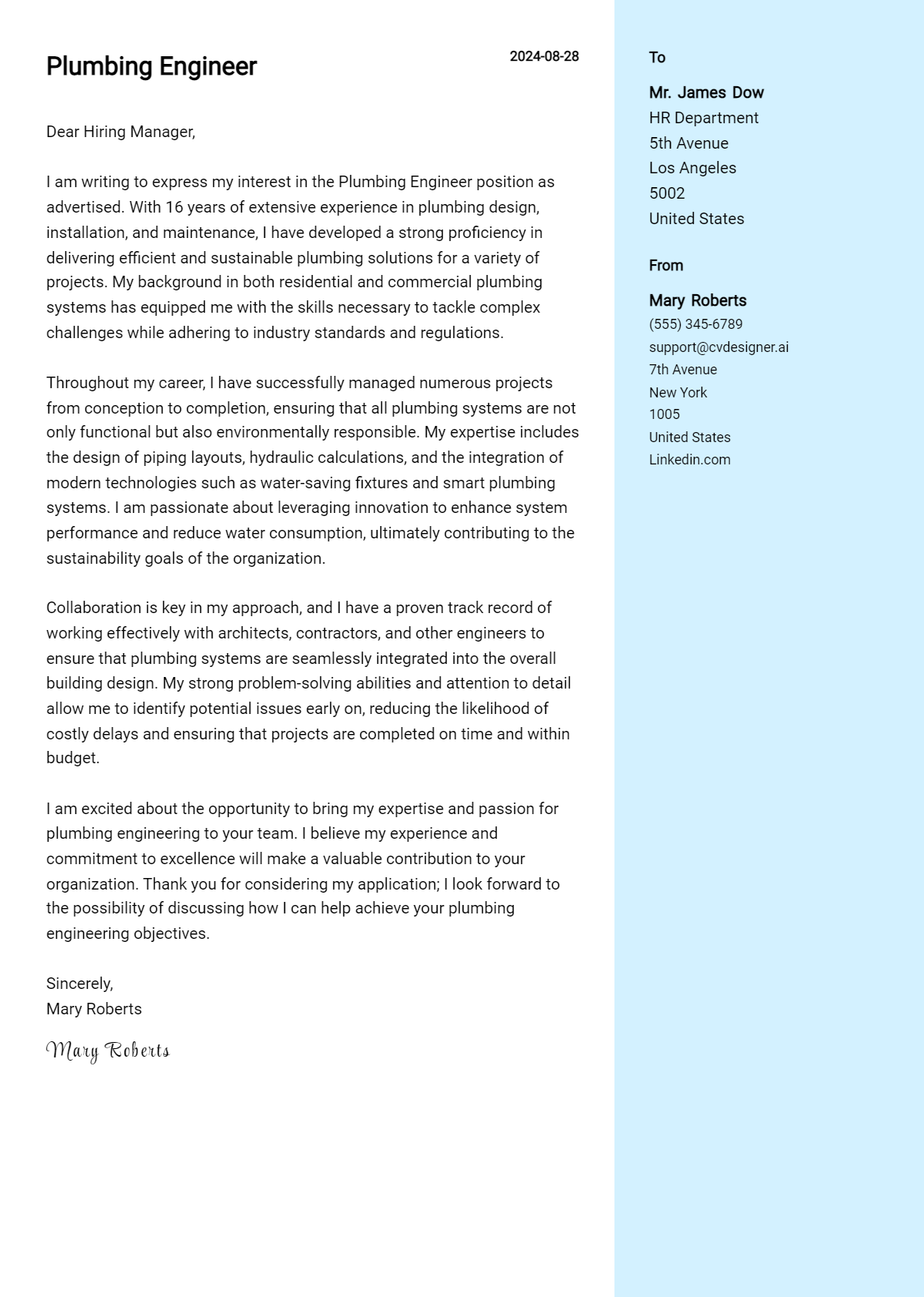 Plumbing Engineer Cover Letter Examples & Samples for 2026 Preview