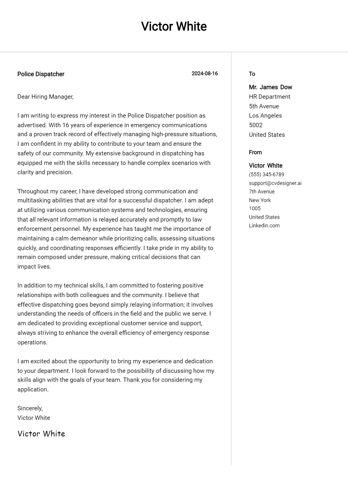 Police Dispatcher Cover Letter Example for 2026 (Writing Guide) Preview