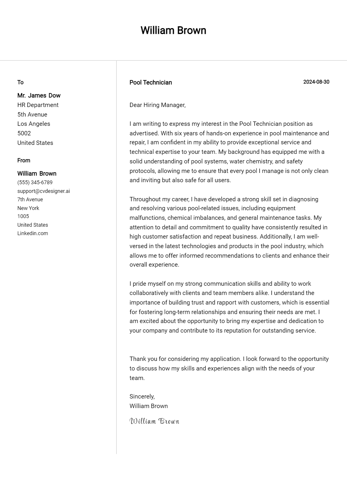 Pool Technician Cover Letter Example for 2026 (Download Templates) Preview