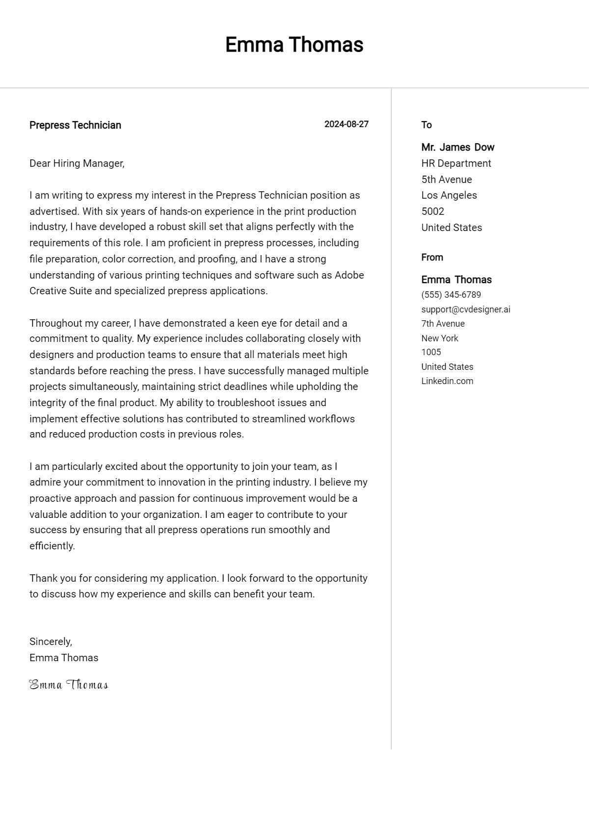 Prepress Technician Cover Letter Example for 2026 (Download Templates) Preview