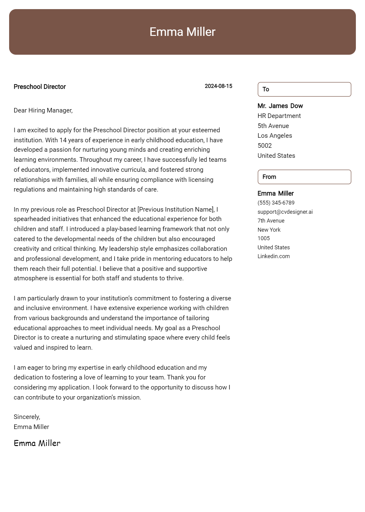 Preschool Director Cover Letter Samples & Examples 2026 Preview