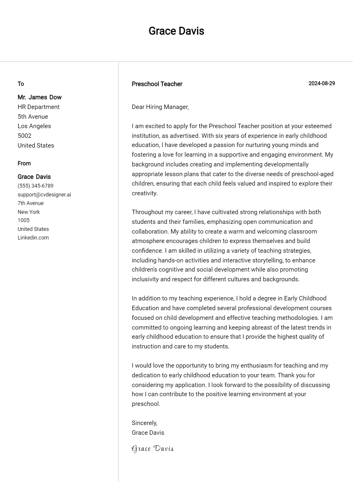 5 Preschool Teacher Cover Letter Examples and Templates for 2026 Preview