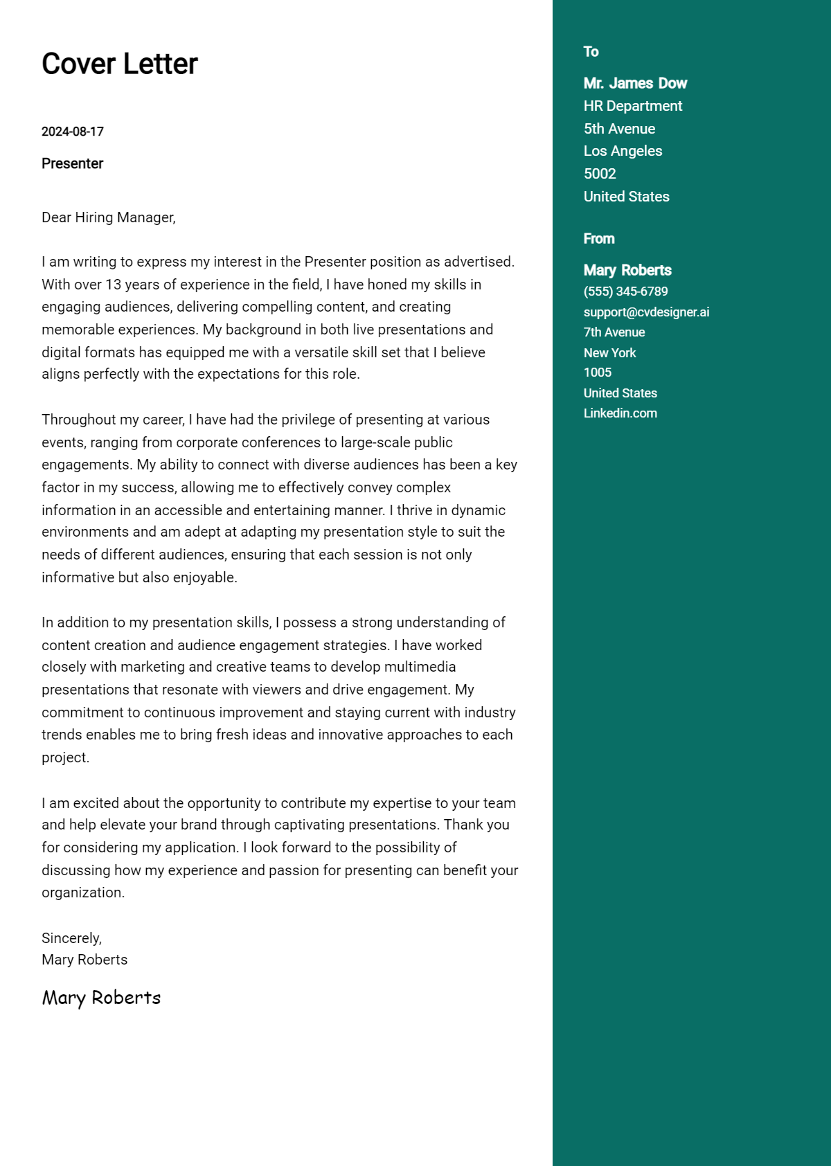 Presenter Cover Letter Examples & Samples for 2026 Preview