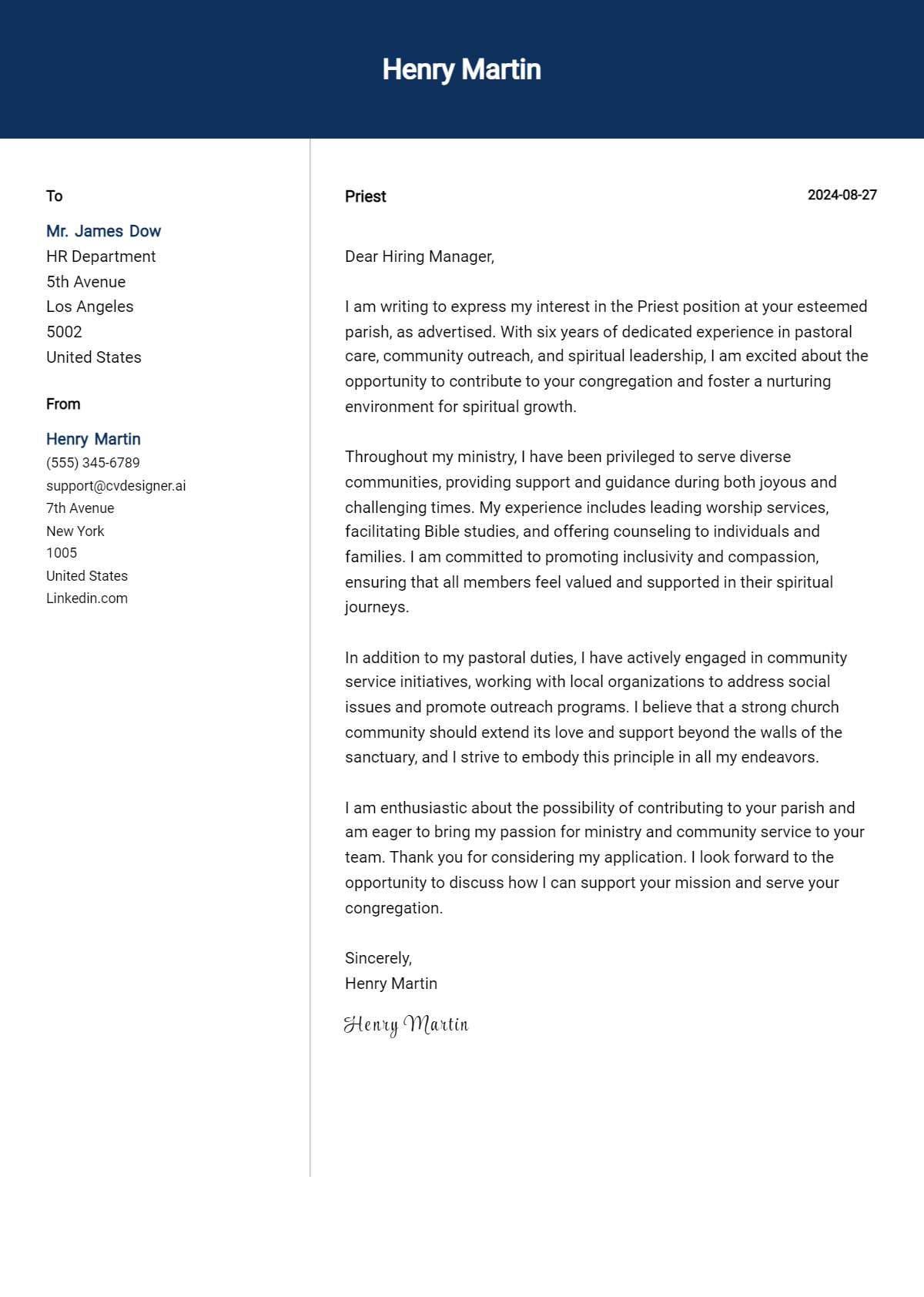 Priest Cover Letter Samples & Examples 2026 Preview