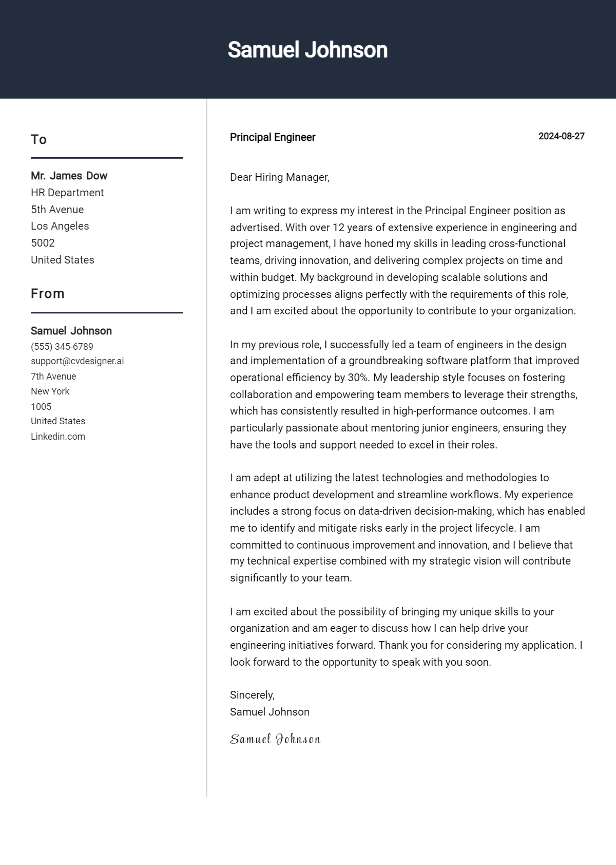 Principal Engineer Cover Letter Examples & Samples for 2026 Preview