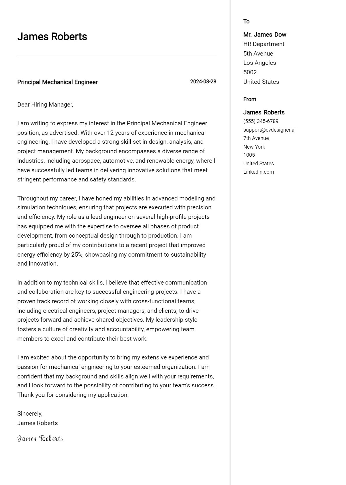 Principal Mechanical Engineer Cover Letter Example for 2026: Free Templates Preview