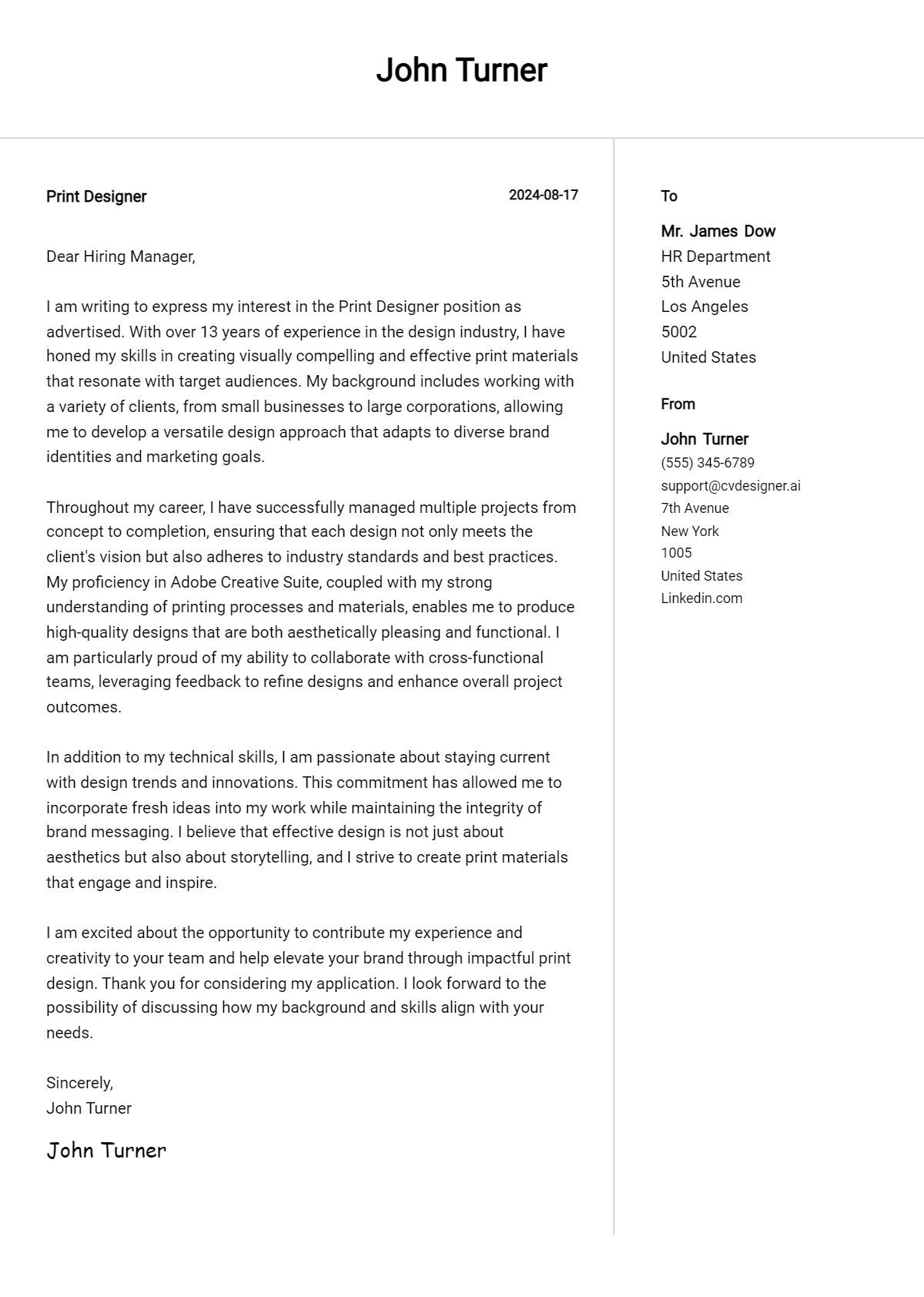 Print Designer Cover Letter Example for 2026: Top CV Skills Preview