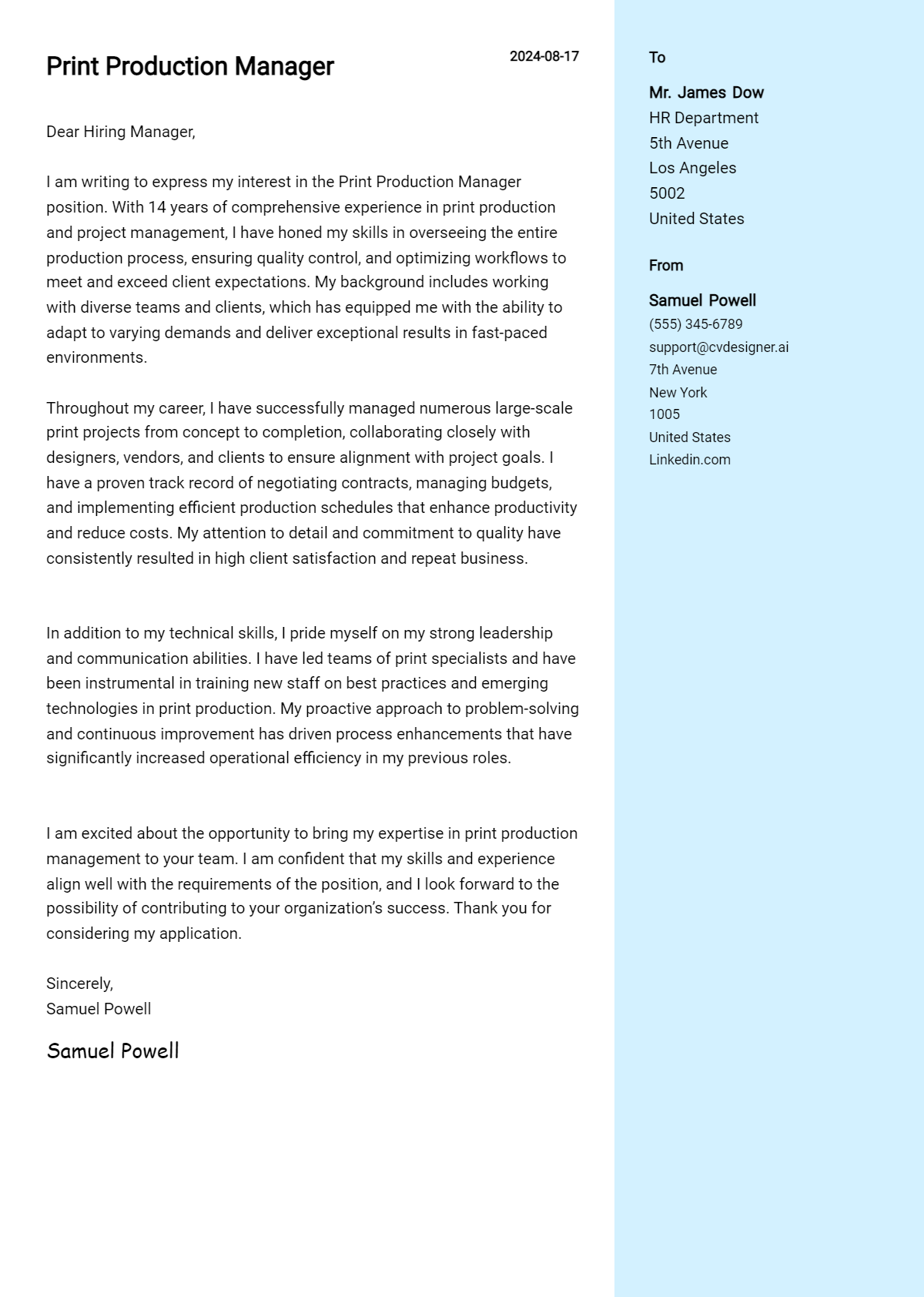 Print Production Manager Cover Letter Examples with Writing Tips for 2026 Preview