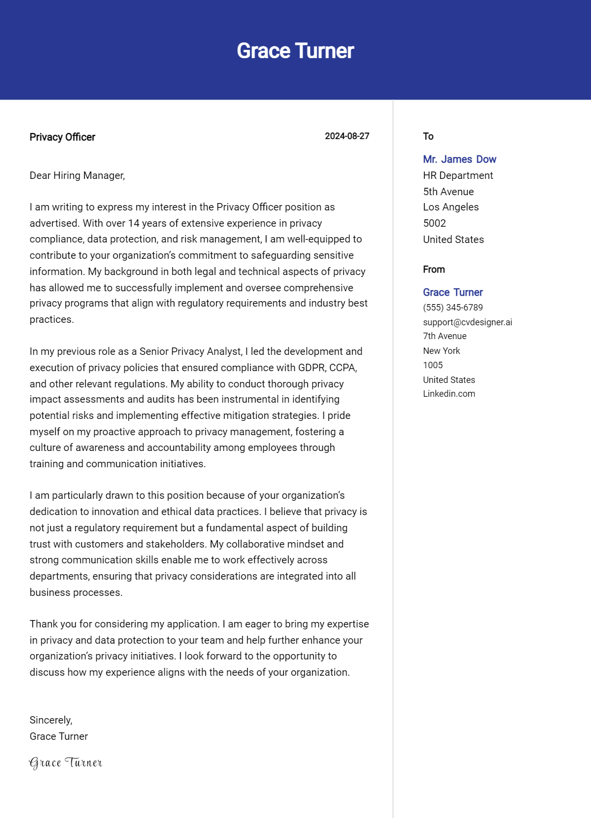 Privacy Officer Cover Letter Examples & Samples for 2026 Preview