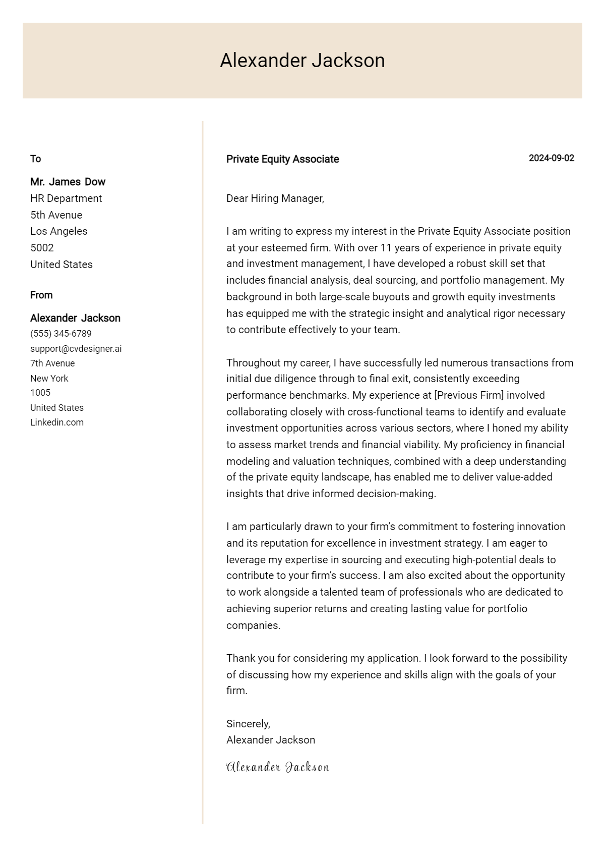 Private Equity Associate Cover Letter Example for 2026 (Complete Writing Guide) Preview