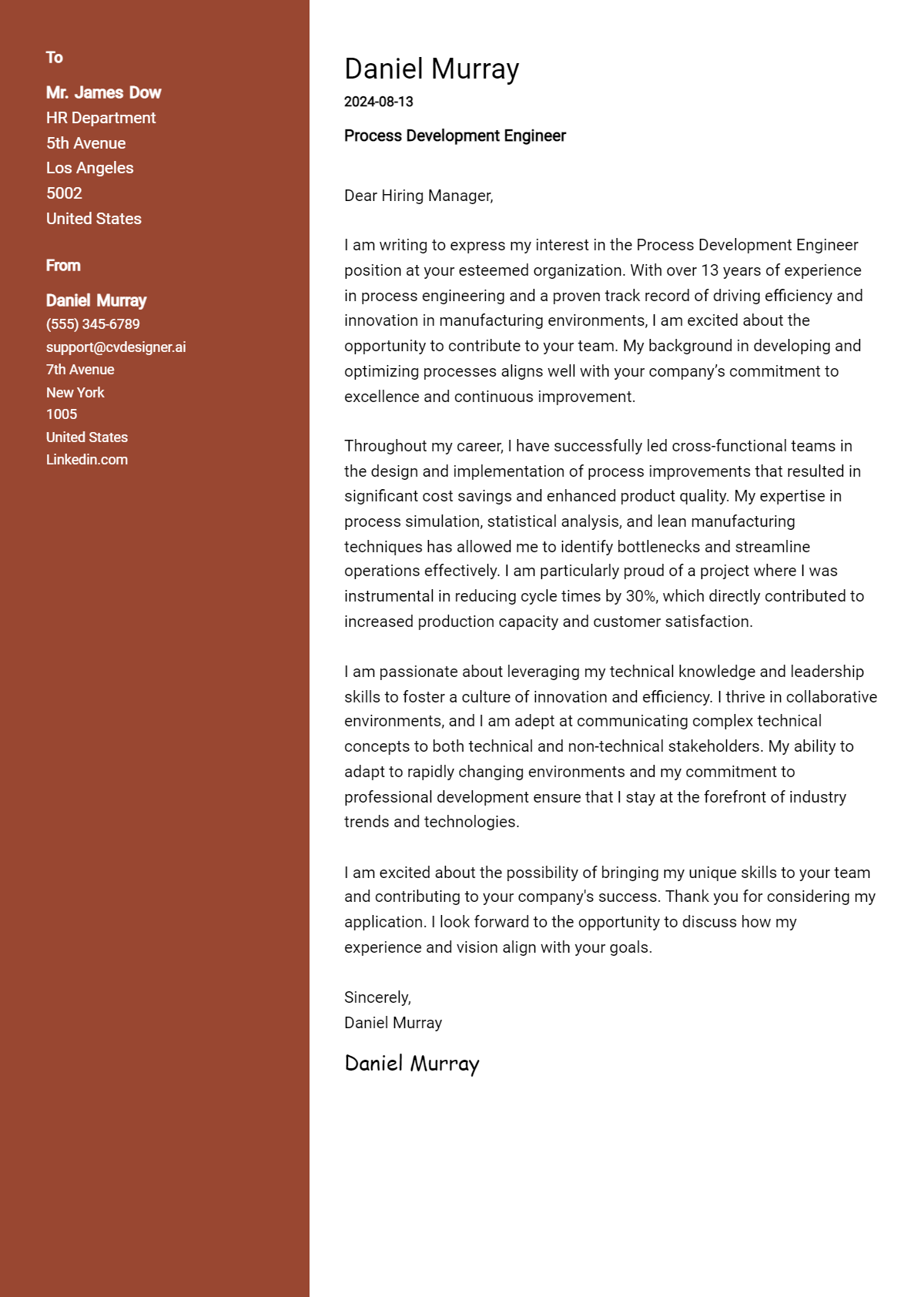 Process Development Engineer Cover Letter Example for 2026: Expert Tips & Templates Preview