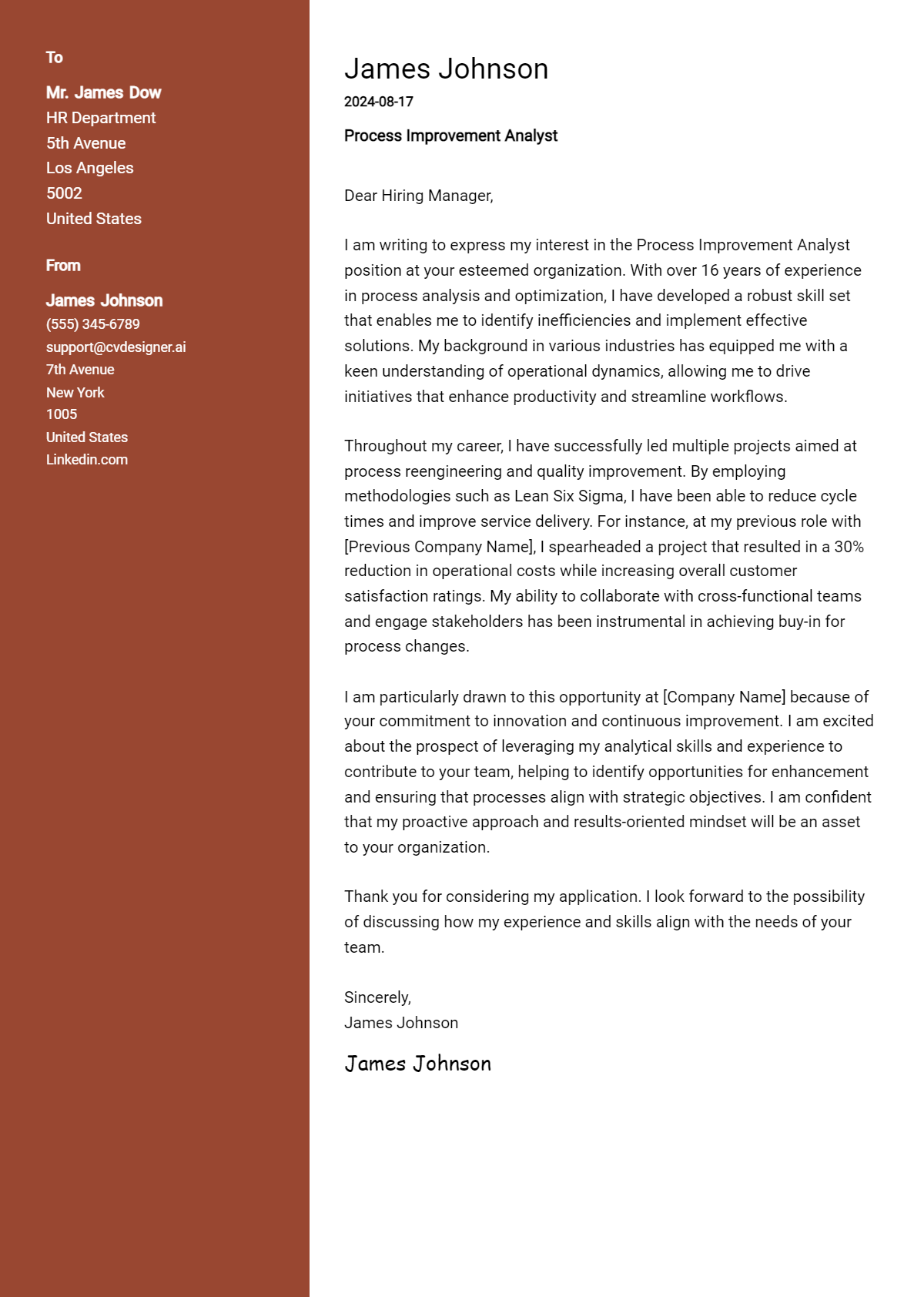 Process Improvement Analyst Cover Letter Samples & Examples 2026 Preview