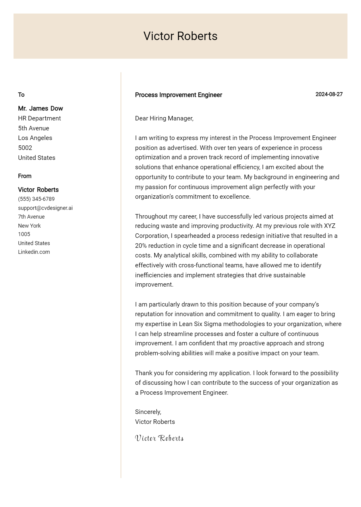 Process Improvement Engineer Cover Letter Example for 2026 (Download Templates) Preview