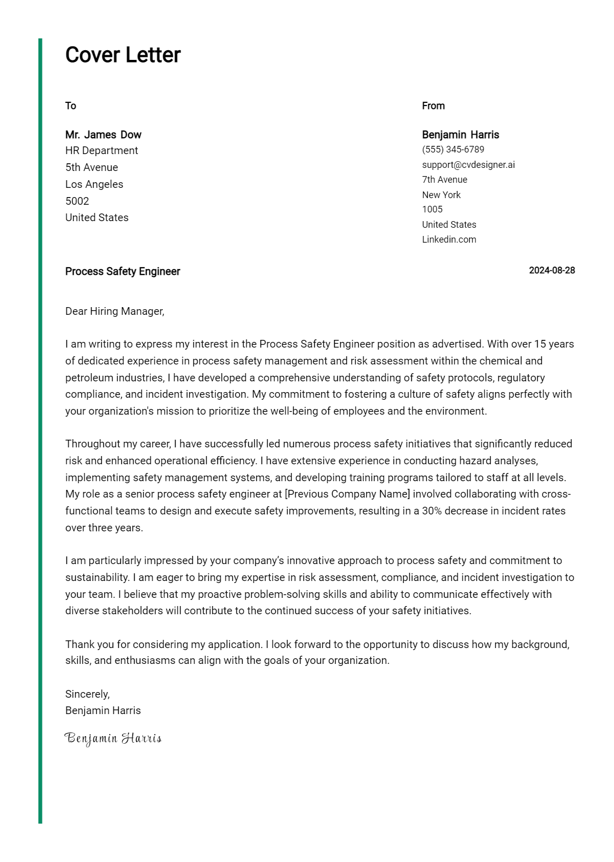 Process Safety Engineer Cover Letter Example for 2026: Ultimate Guide Preview