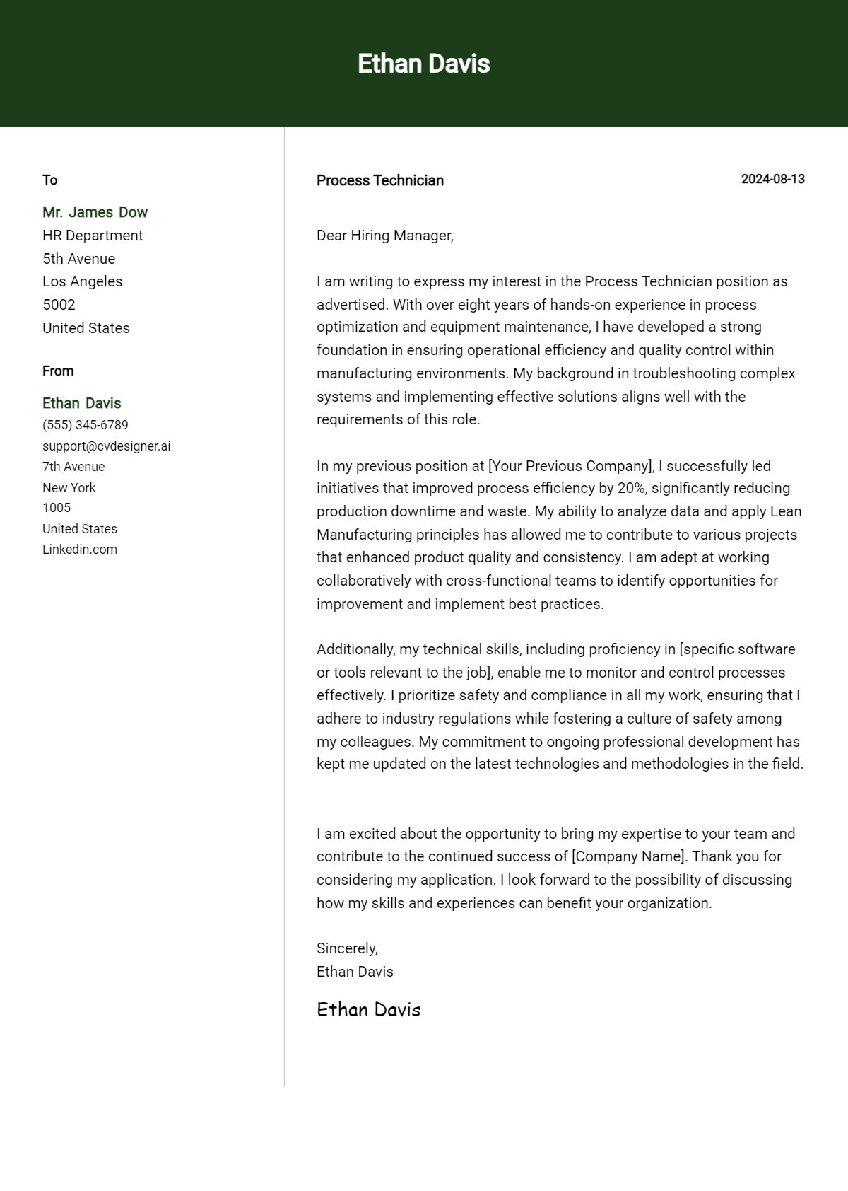 Process Technician Cover Letter Examples & Samples for 2026 Preview