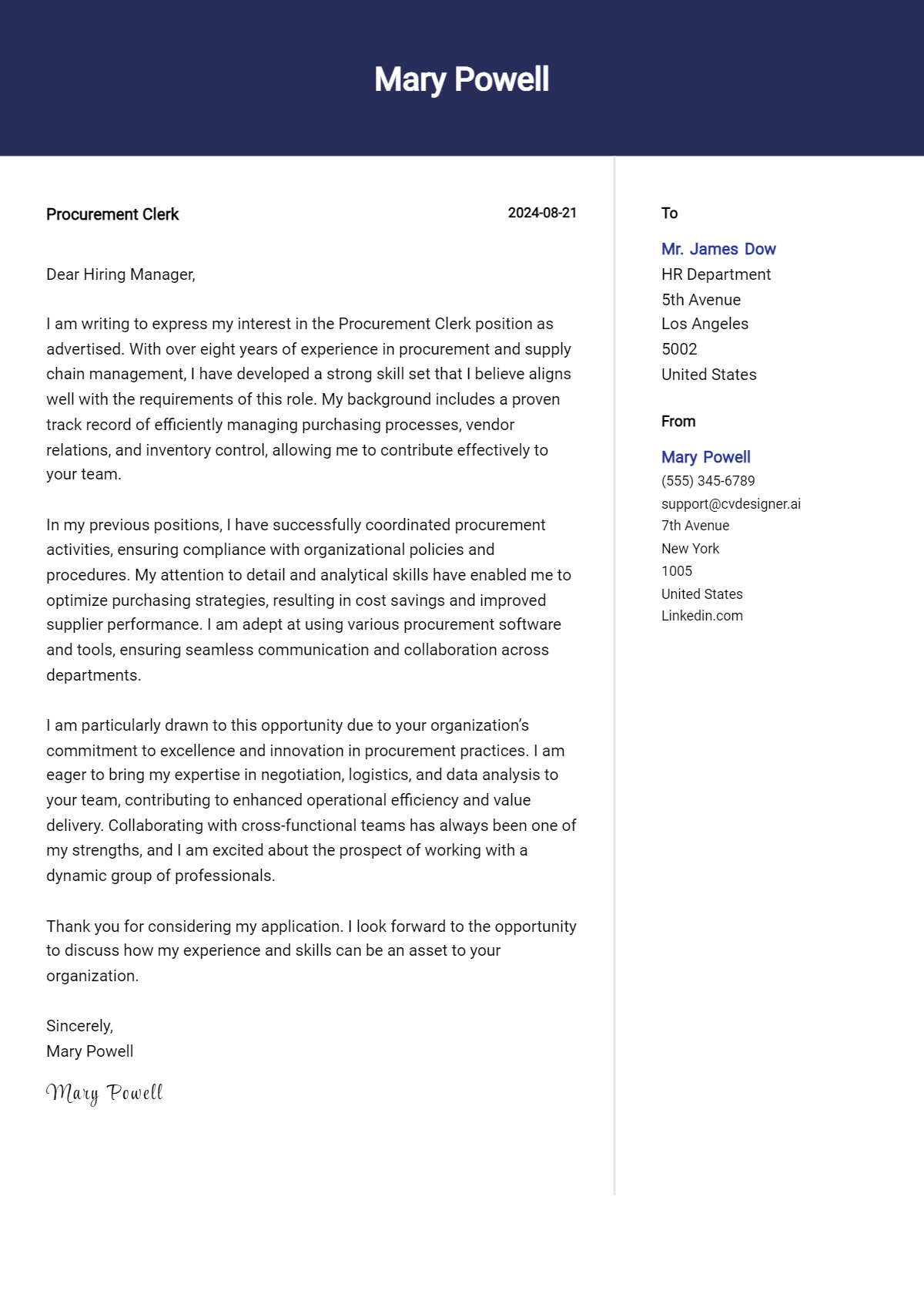 Procurement clerk Cover Letter Example for 2026 (Complete Writing Guide) Preview