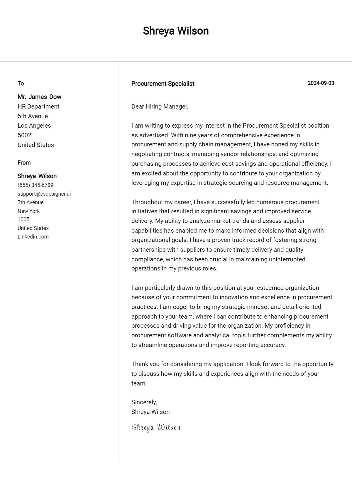 Procurement Specialist Cover Letter Example for 2026 (Complete Writing Guide) Preview